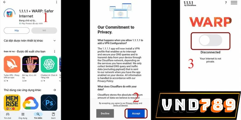 Tải phần mềm 1.1.1.1 cho điện thoại Android để truy cập VND789