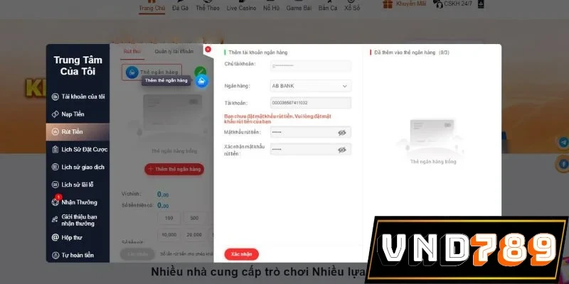 Thêm tài khoản ngân hàng cùng pass rút tiền
